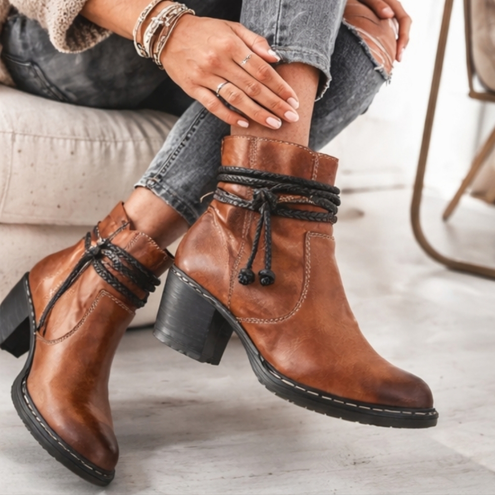 NEW Rieker Leather Boho Ankle Boots | Size 40 🔥 Braided Wrap